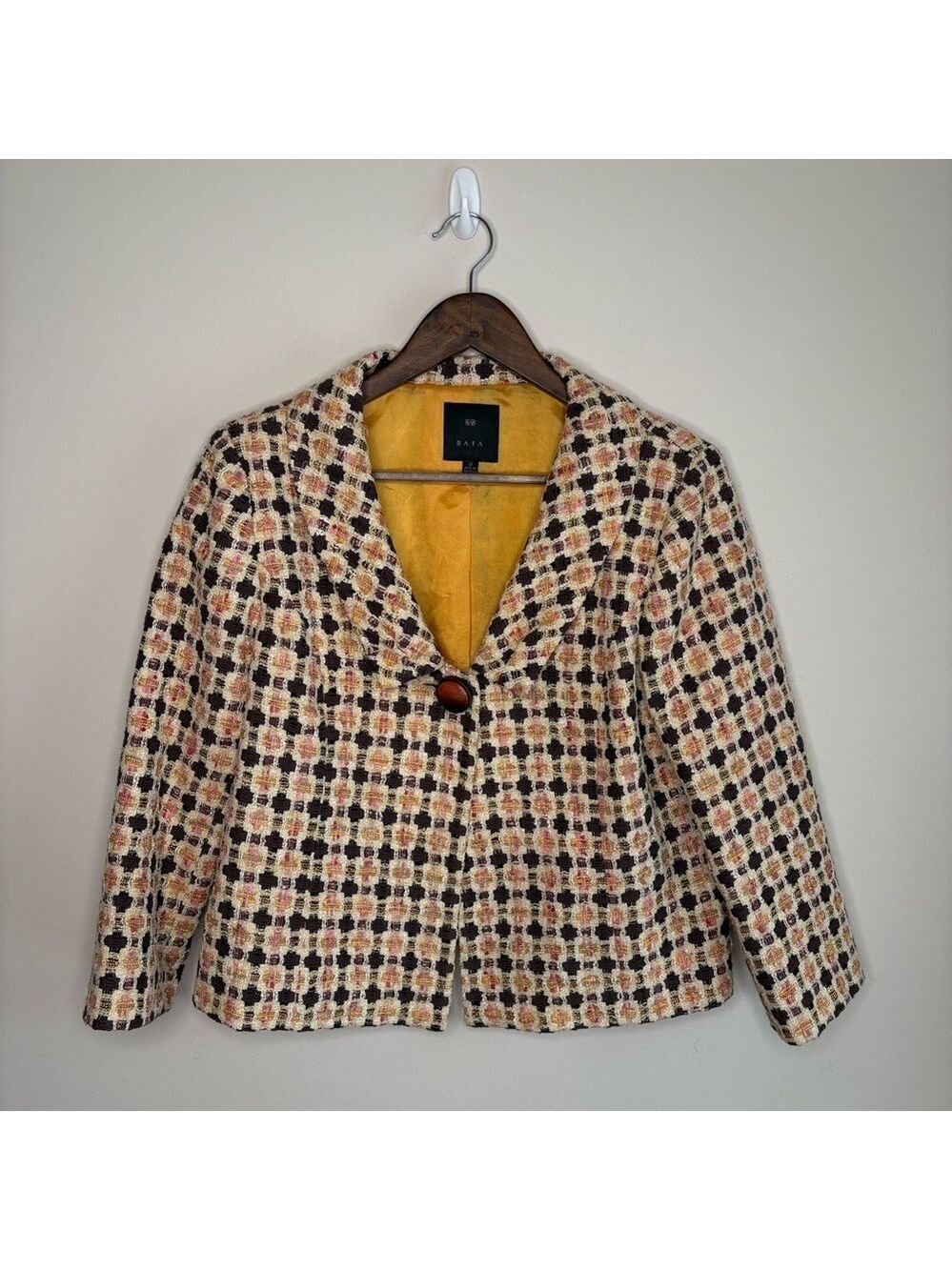 Baia Tweed Bolero Jacket Yellow Black Geo Print Size 12
